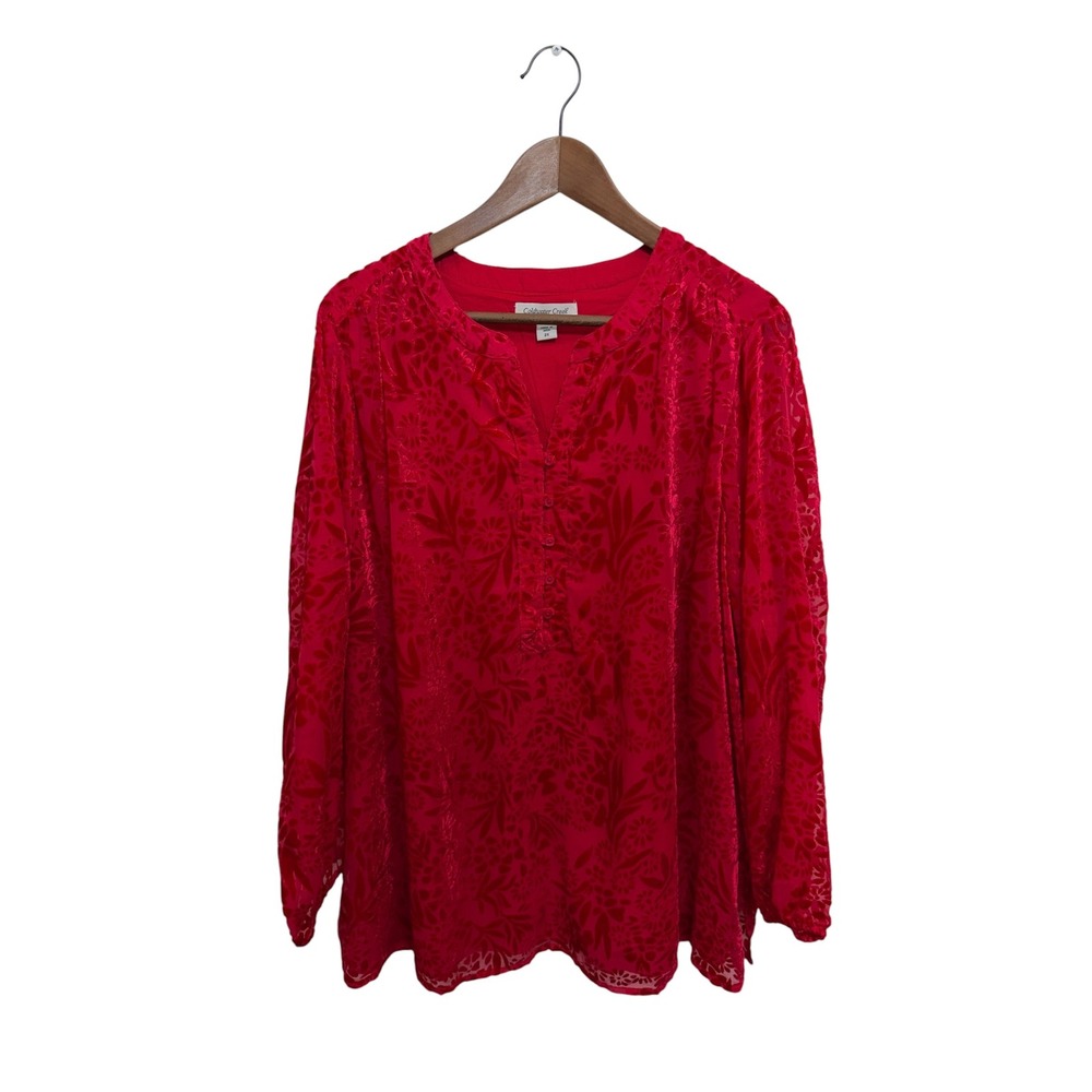 Coldwater Creek Womens Red Burnout Velvet Blouse 2X Floral Henley Holiday